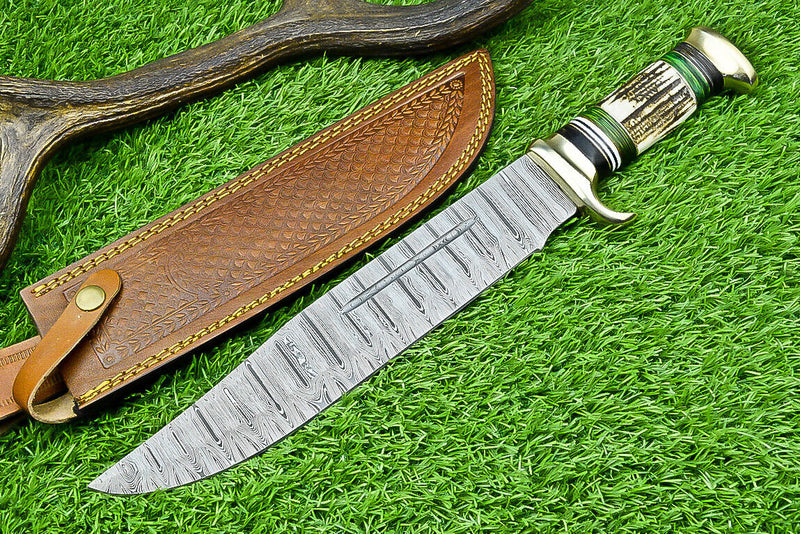 Load image into Gallery viewer, Custom Handmade Damascus Steel Bowie Knife with Stag Horn Handle – 16" Blade with Leather Sheath
