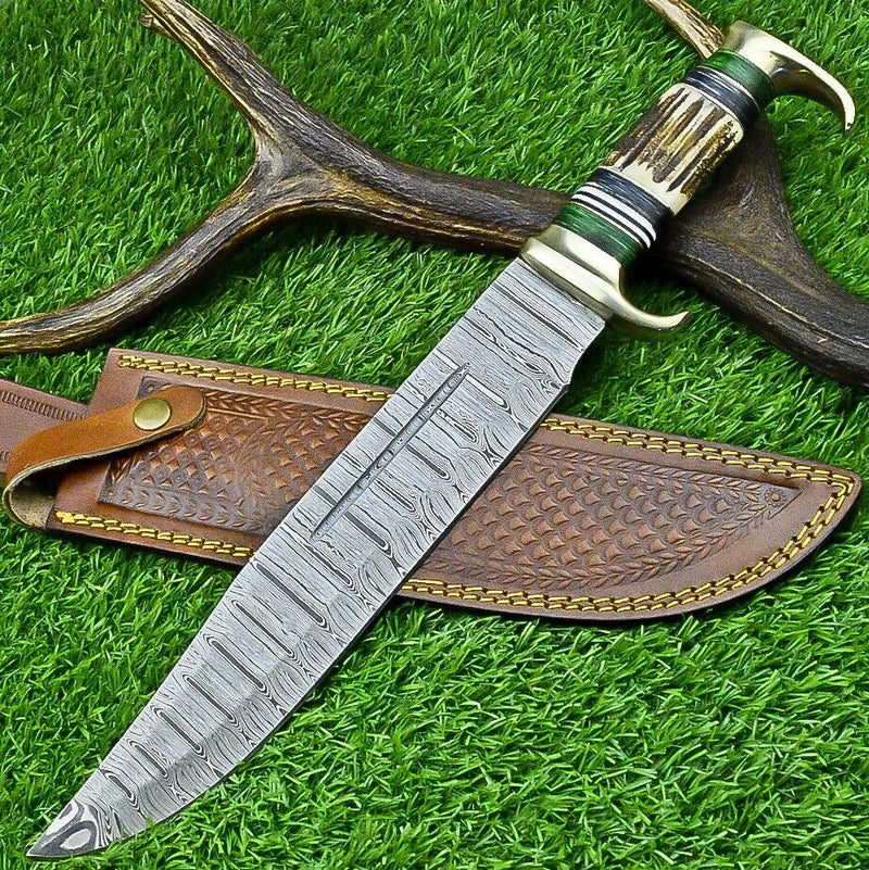 Load image into Gallery viewer, Custom Handmade Damascus Steel Bowie Knife with Stag Horn Handle – 16" Blade with Leather Sheath
