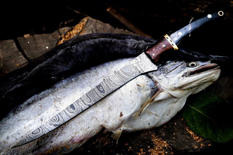 Load image into Gallery viewer, Handmade Damascus Fillet Knife 13” – Buffalo Horn, Rosewood &amp; Brass Handle with Leather Sheath
