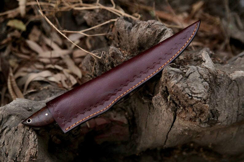 Load image into Gallery viewer, Damascus Fillet Knife – 13&quot; Rosewood Handle &amp; Leather Sheath
