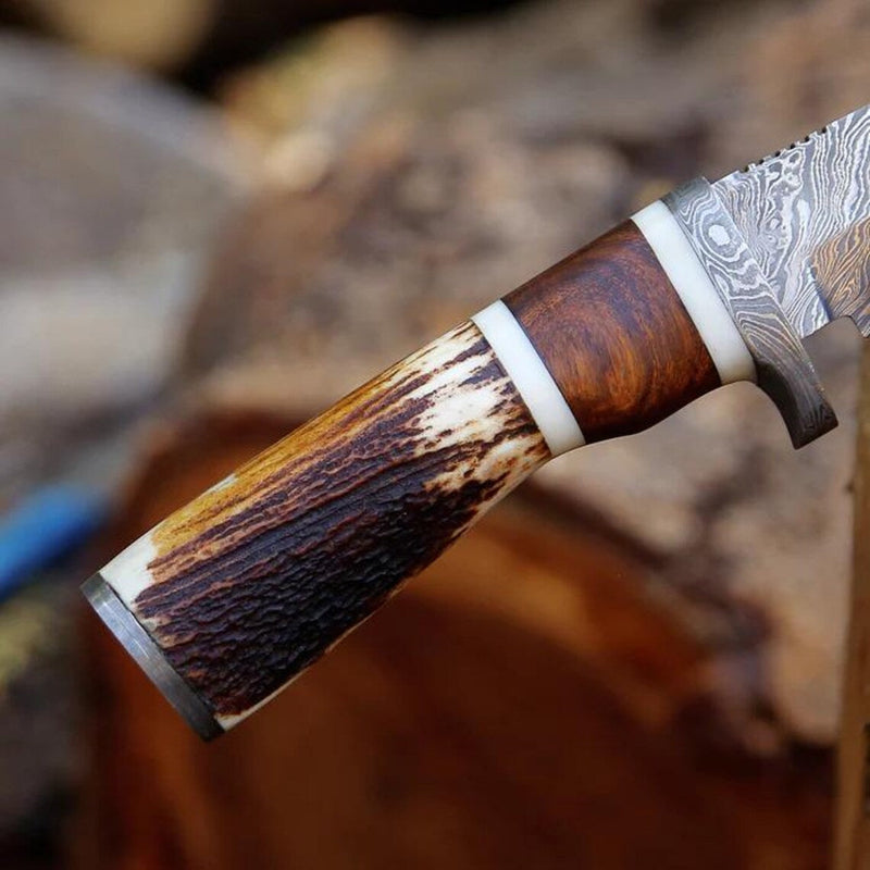 Load image into Gallery viewer, Damascus Steel Hunting Knife – 10" with Damascus Steel Guard &amp; Stag Horn Handle, Includes Leather Sheath
