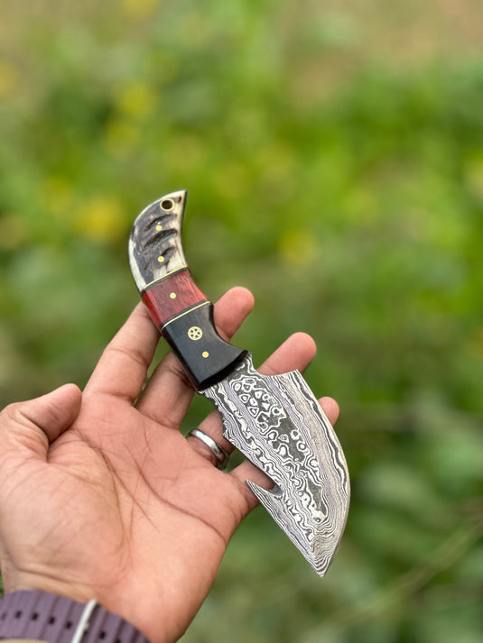 Premium Custom Handmade Damascus Steel Guthook Skinning Knife with Resin Handle - 7.5” Sharp Blade with Leather Sheath