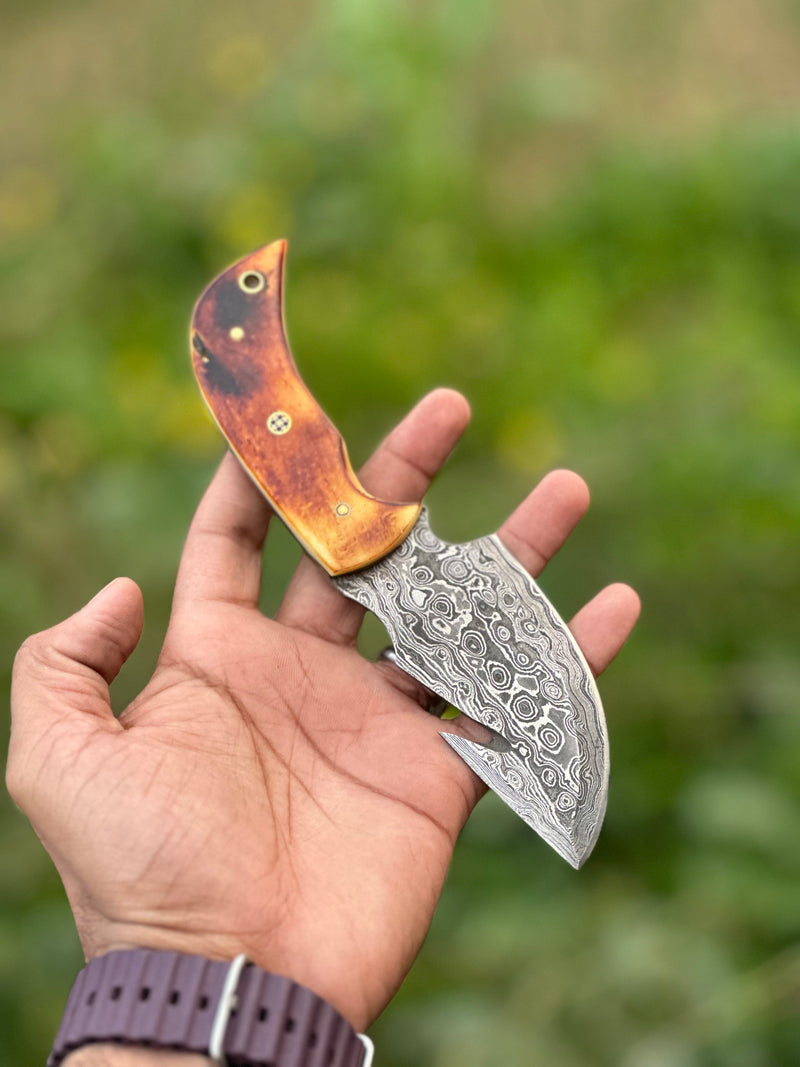 Load image into Gallery viewer, Custom Handmade Damascus Steel Guthook Skinning Knife with Camel Bone Handle - 7.5” Blade with Leather Sheath
