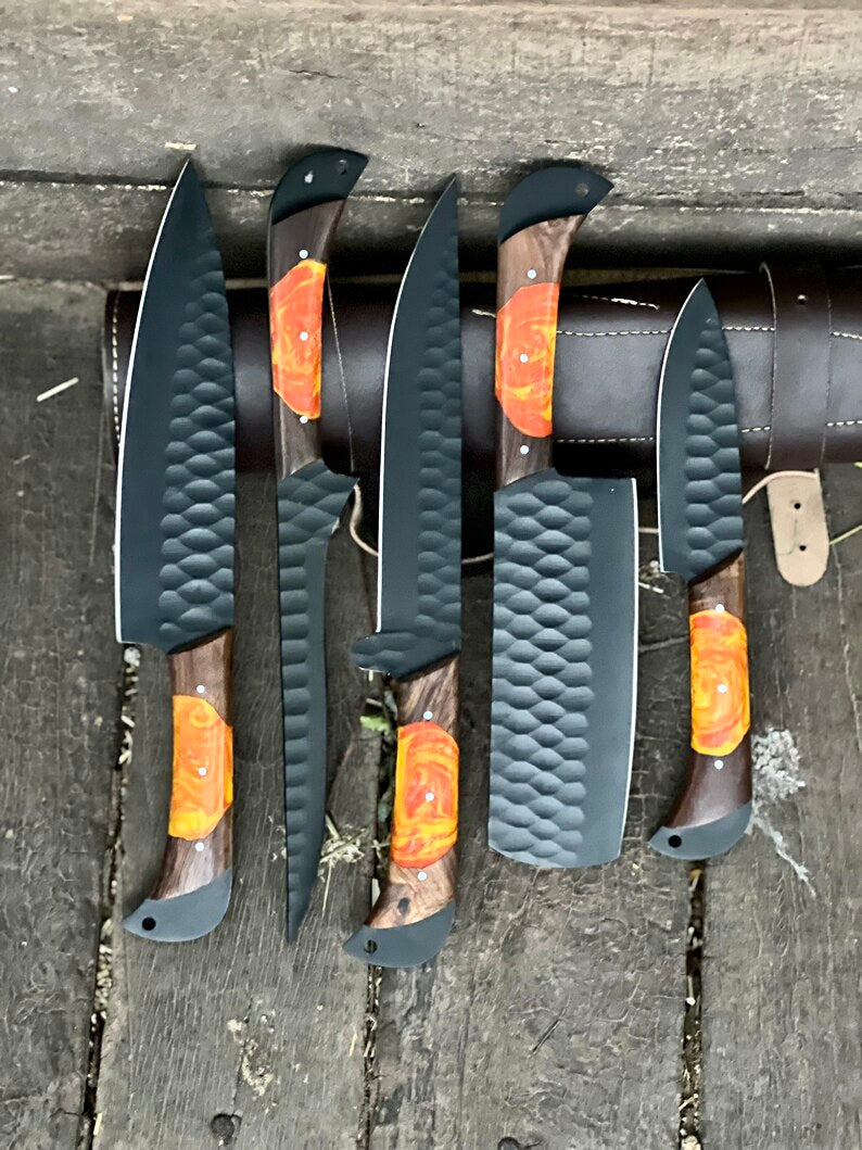 Load image into Gallery viewer, Damascus Steel D2 Handmade Knife Chef Set – Rosewood Resin Handle with Leather Sheath &amp; Sharpener
