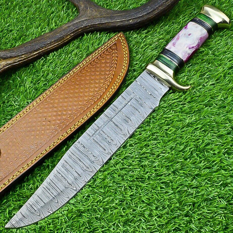 Load image into Gallery viewer, Damascus Steel &quot;The Bowie&quot; Knife - 16&quot; with Brass Guard and Resin Pakkawood Handle, Leather Sheath Included
