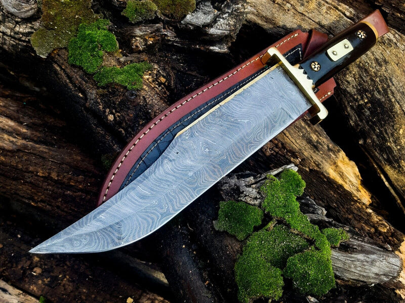 Load image into Gallery viewer, 13-Inch Damascus Steel Cowboy Bowie Knife with Buffalo Horn Handle &amp; Leather Sheath – Perfect Gift for Knife Enthusiasts
