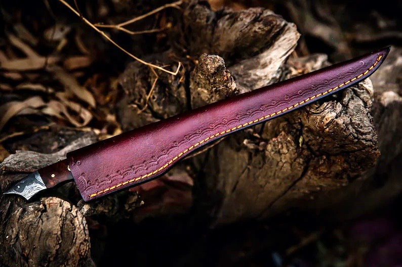 Load image into Gallery viewer, Handmade Damascus Steel Fish Fillet Knife – 13” Rosewood Handle &amp; Leather Sheath
