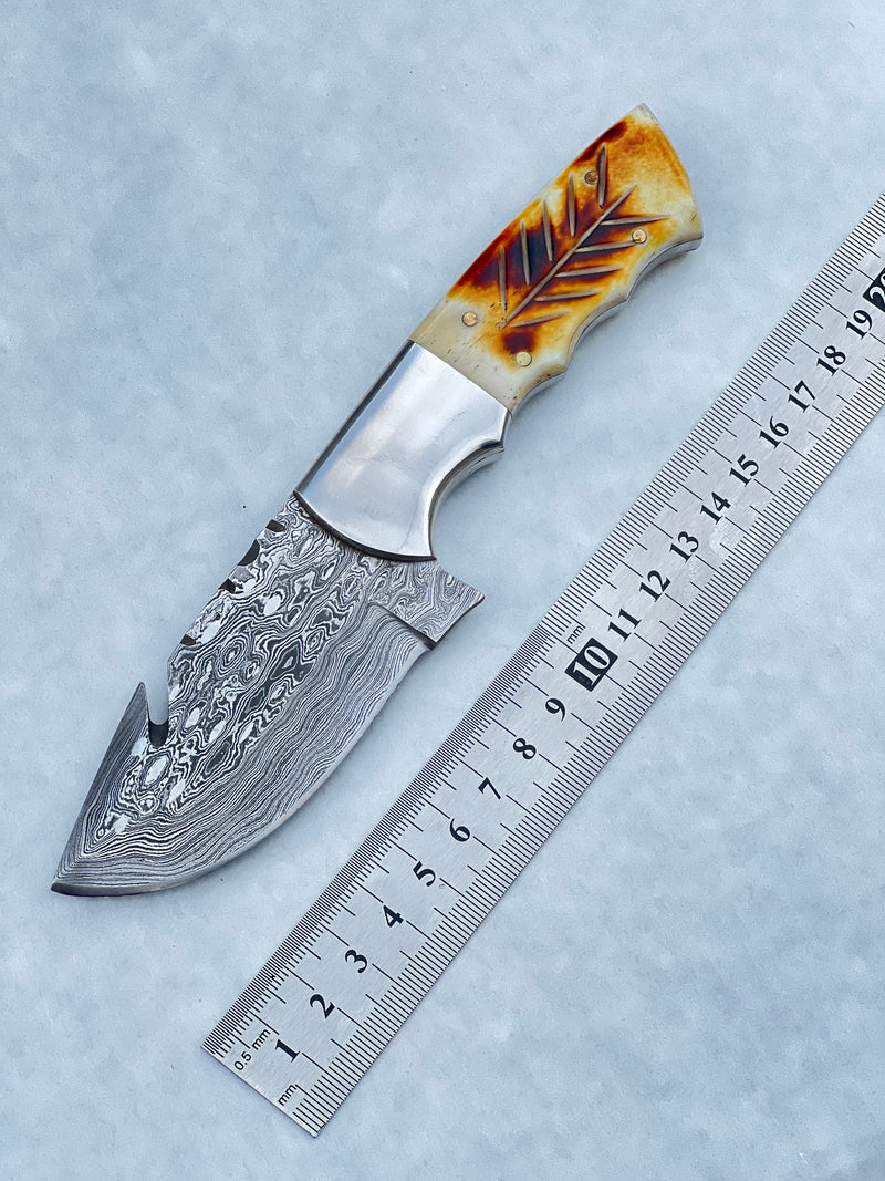 Load image into Gallery viewer, Damascus Steel Fixed Blade Knife with Camel Bone &amp; Rosewood Handle - 7.5" Custom Pocket Knife with Leather Sheath
