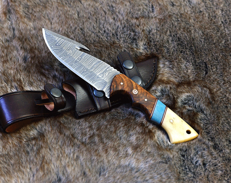 Load image into Gallery viewer, Premium Damascus Guthook Skinning Knife – Rosewood &amp; Bone Handle – 10” Hunting Essential
