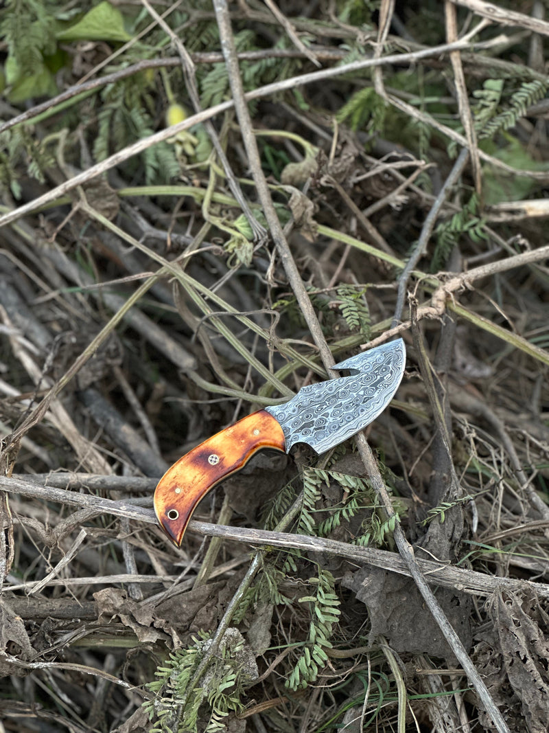 Load image into Gallery viewer, Custom Handmade Damascus Steel Guthook Skinning Knife with Camel Bone Handle - 7.5” Blade with Leather Sheath

