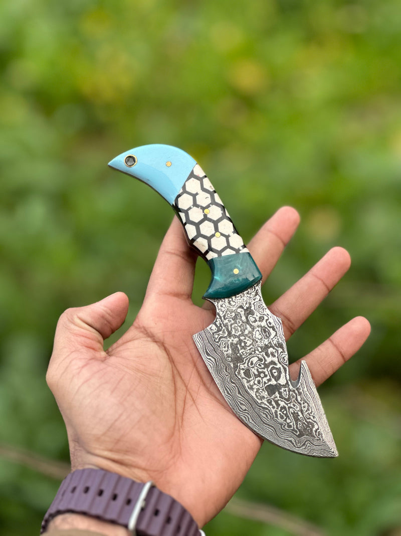 Load image into Gallery viewer, Custom Handmade Damascus Steel Guthook Skinning Knife – Resin Handle 7.5” with Leather Sheath
