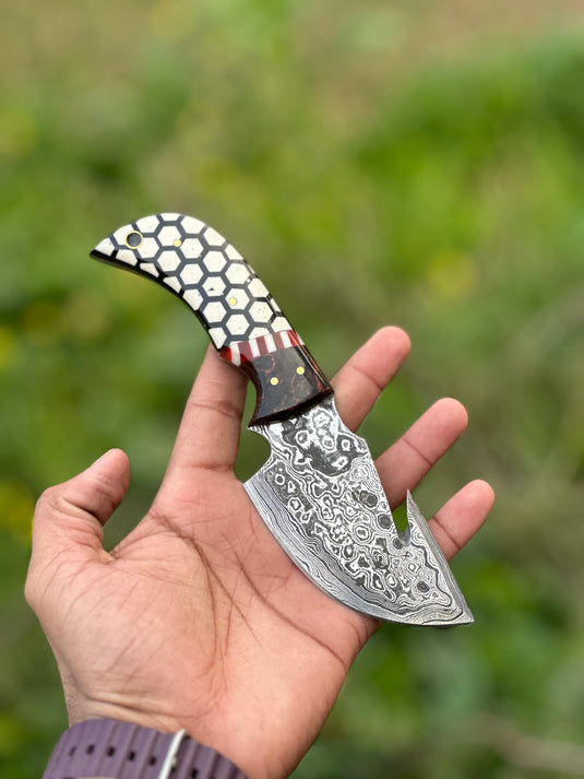 Custom Handmade Damascus Steel Guthook Skinning Knife with Rosewood & Resin Handle - 7.5” with Leather Sheath
