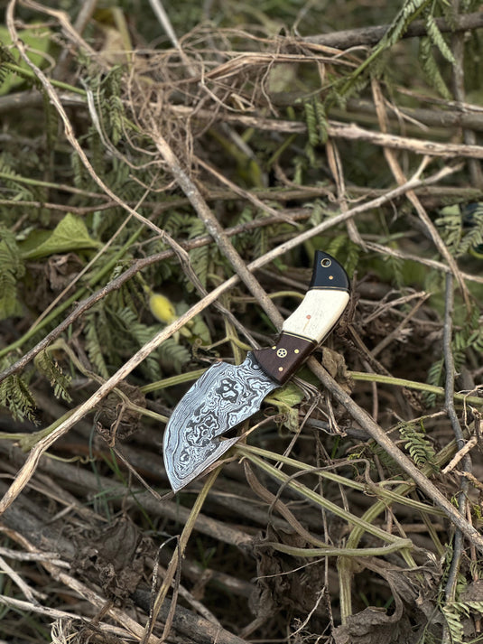 Custom Handmade Damascus Steel Guthook Skinning Knife with Rosewood, Camel Bone & Black Sheet Handle - 7.5” with Leather Sheath