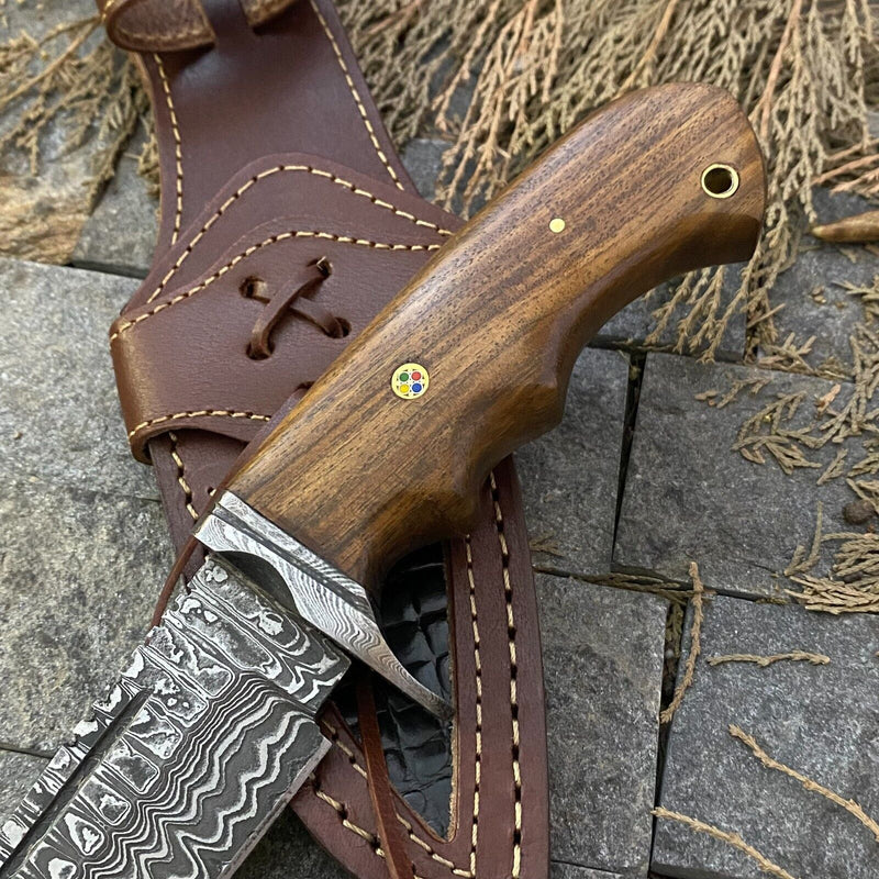Load image into Gallery viewer, 🔥 Handmade Damascus Steel Hunting Knife – Rosewood Handle &amp; Damascus Guard + Leather Sheath
