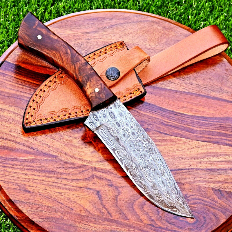 Load image into Gallery viewer, Damascus Steel Hunting Knife – 10&quot; with Rosewood Handle and Leather Sheath
