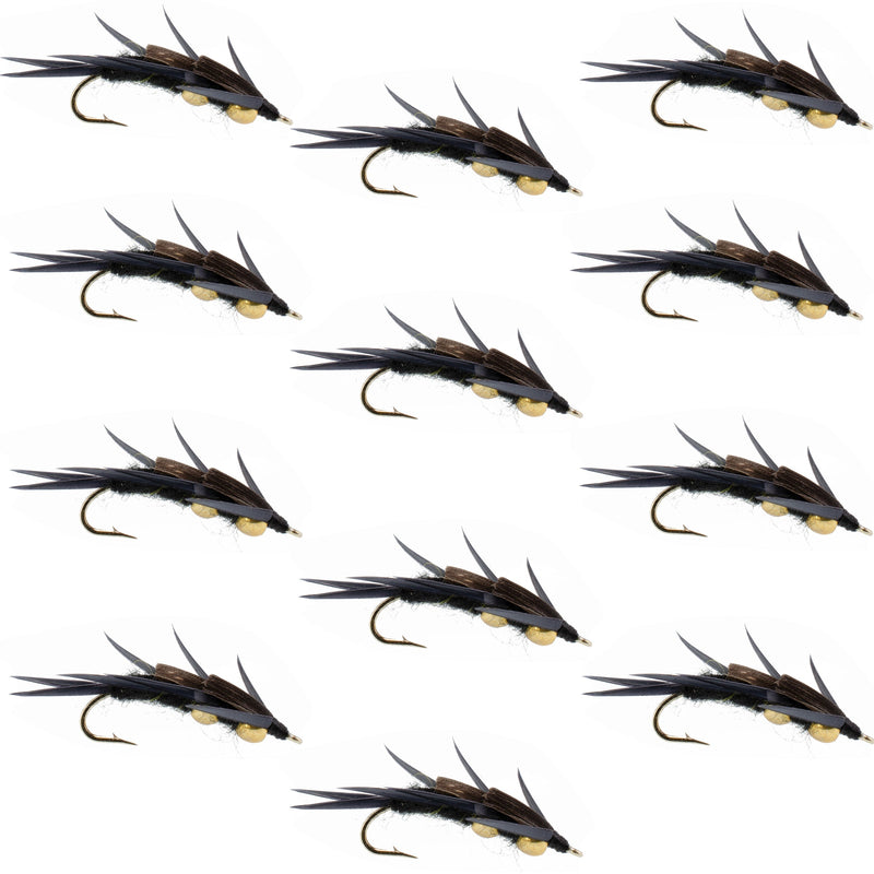 Load image into Gallery viewer, Double Bead Black Stone Fly with Black Biot Legs - Stonefly Wet Fly - 1 Dozen Flies Hook Size 10
