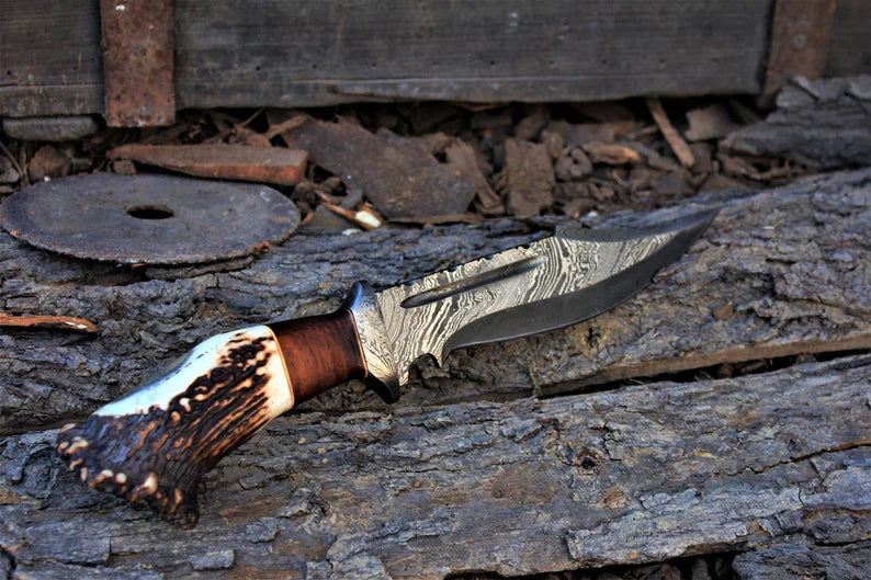 Load image into Gallery viewer, Custom Handmade 13" Damascus Bowie Knife – Stag Crown &amp; Rosewood Handle with Leather Sheath

