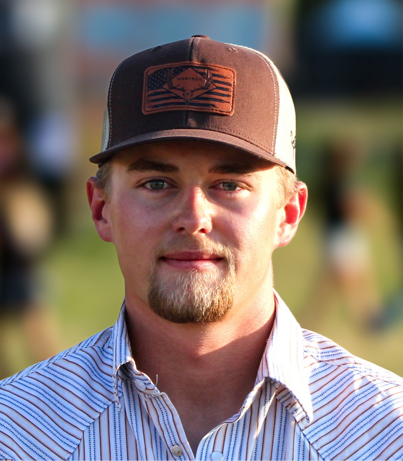 Load image into Gallery viewer, “American Skull Buck” Trucker Hat – Classic Leather Patch | Brown &amp; Tan Western Hunting Cap | Westrek
