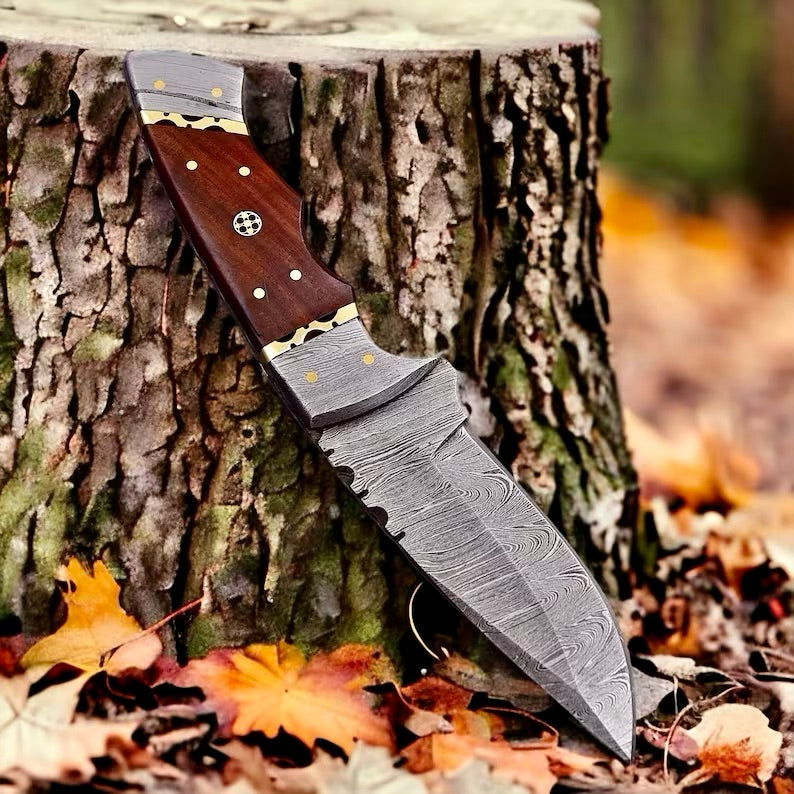 Load image into Gallery viewer, Small Bushcraft Knife – 9&quot; Damascus Steel Blade with Rosewood Handle &amp; Leather Sheath
