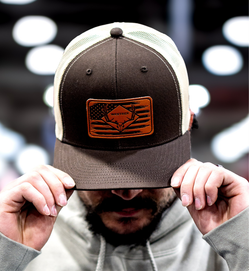 Load image into Gallery viewer, “American Skull Buck” Trucker Hat – Classic Leather Patch | Brown &amp; Tan Western Hunting Cap | Westrek
