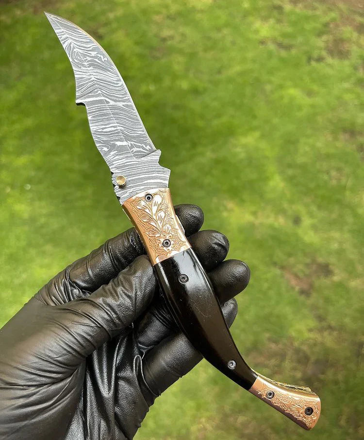 Load image into Gallery viewer, Custom Handmade Damascus Blade EDC Folding Pocket Knife with Color Bone Handle &amp; Brass Engraved Bolster - Includes Leather Sheath
