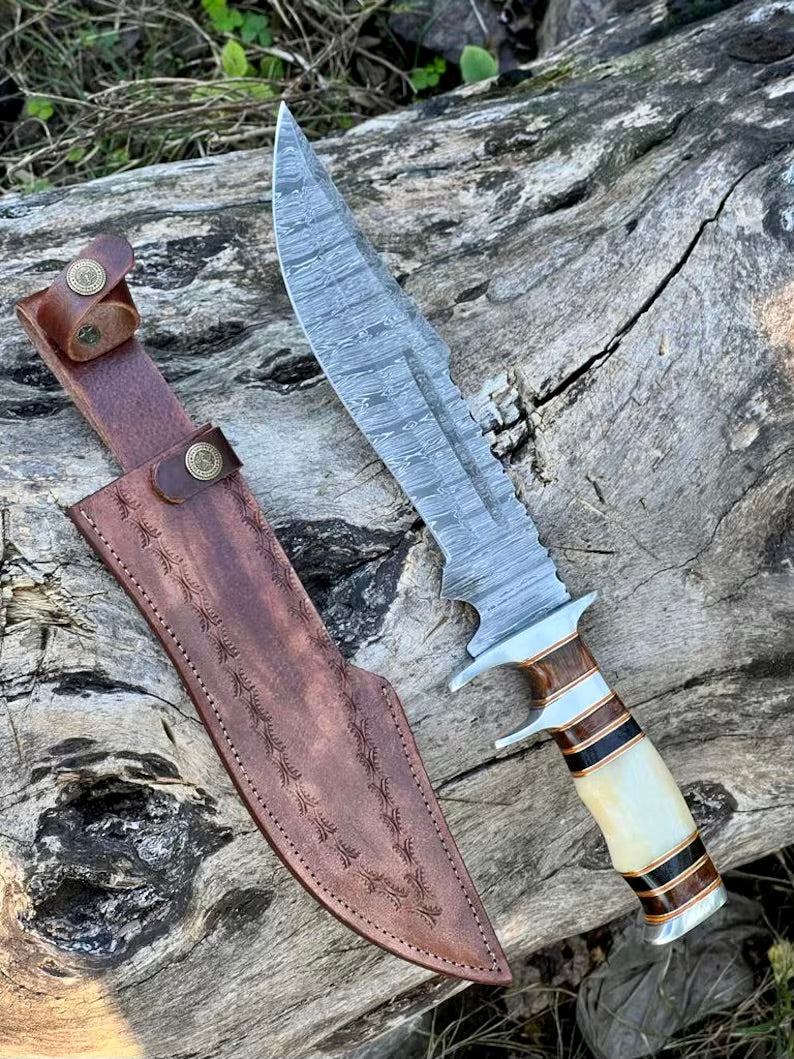 Load image into Gallery viewer, Damascus Steel Sub-Hilt Fighter Bowie Knife 14” – Premium Christmas Gift with Leather Sheath
