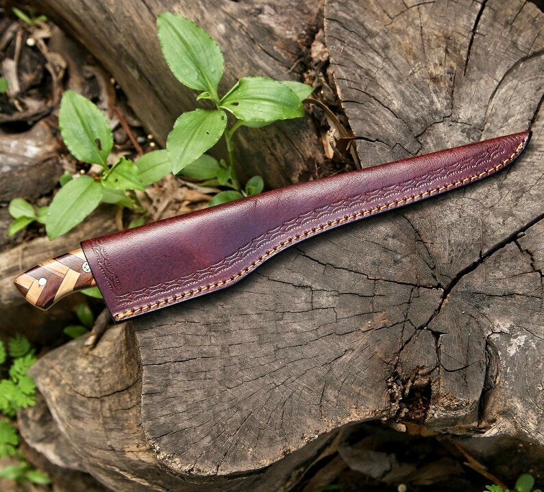 Load image into Gallery viewer, Handmade Damascus Fillet Knife 8” – Rosewood &amp; Olive Wood Handle with Leather Sheath
