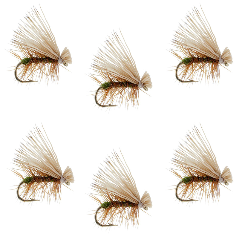 Load image into Gallery viewer, Olive Elk Hair Caddis Classic Trout Dry Fly - Set of 6 Flies Size 12
