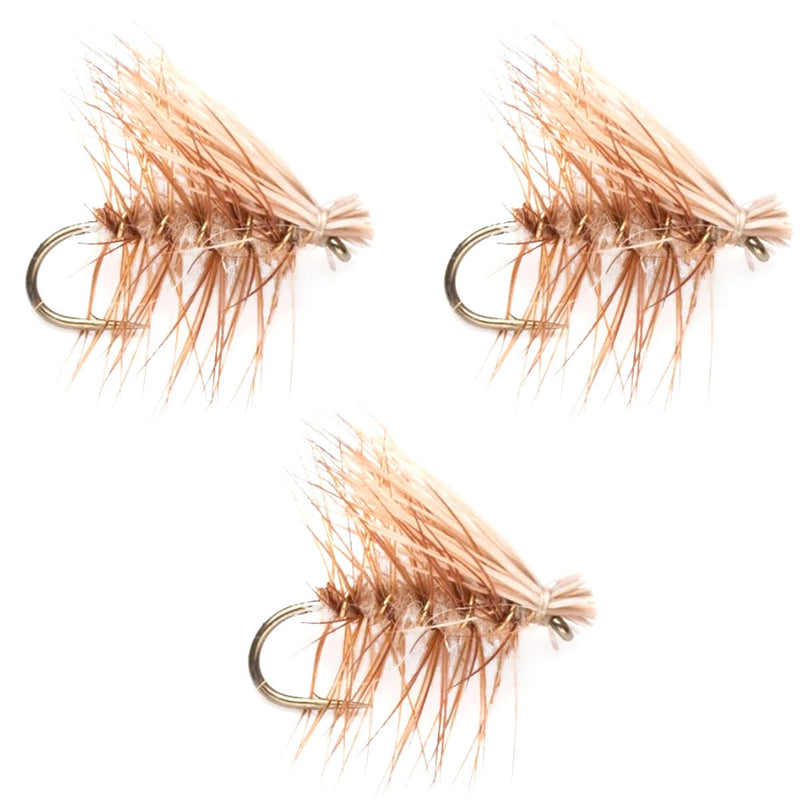Load image into Gallery viewer, 3 Pack Barbless Tan Elk Hair Caddis Classic Trout Dry Flies Size 12
