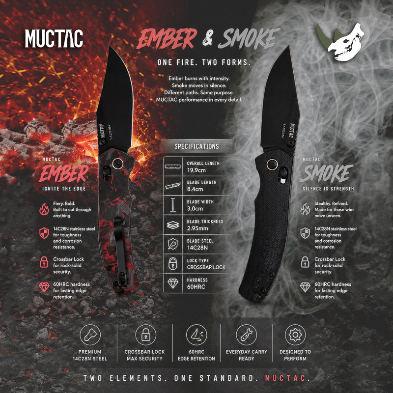 Load image into Gallery viewer, MUCTAC Ember &amp; Smoke Folding Knife – 14C28N Steel, Crossbar Lock, EDC

