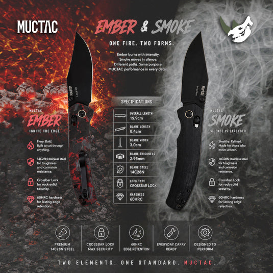 MUCTAC Ember & Smoke Folding Knife – 14C28N Steel, Crossbar Lock, EDC