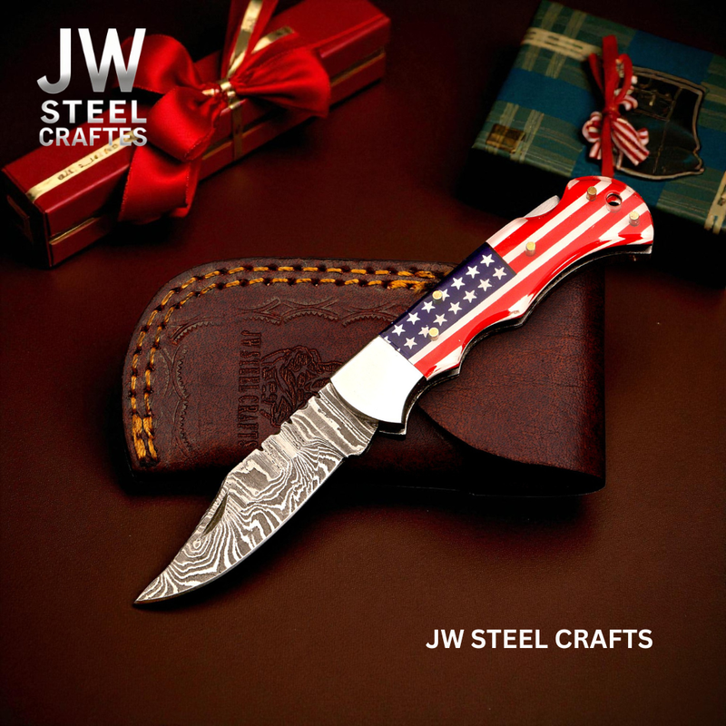Load image into Gallery viewer, American Flag Damascus Folding Hunter with Ram Horn Handle
