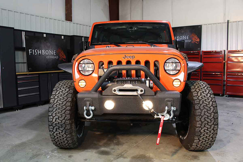 Load image into Gallery viewer, Fishbone Offroad Stubby Winch Bumper with Tube Guard for 2007-2018 Jeep Wrangler FB22001
