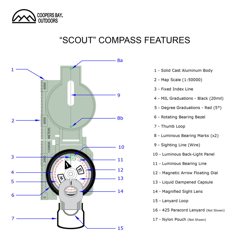 Load image into Gallery viewer, Scout™ Lensatic Compass - Traditional Phosphorescent Military Style with Nylon Carry Pouch - OD Green
