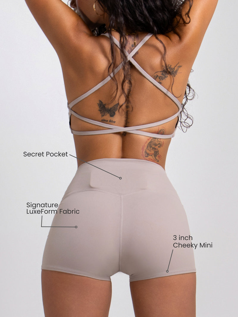 Load image into Gallery viewer, Women's Mini Sculpting Shorts 3 Inch - Mocha Taupe | Criss-Cross Waistband with Pocket
