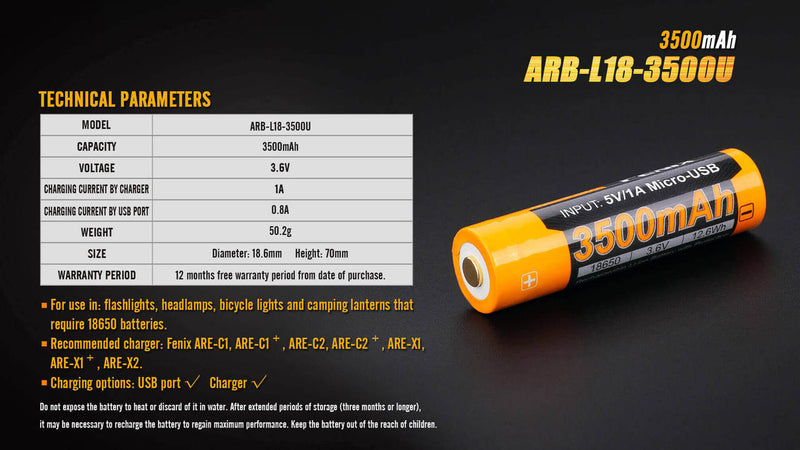 Load image into Gallery viewer, Fenix ARB-L18-3500U USB Rechargeable Li-ion 18650 Battery
