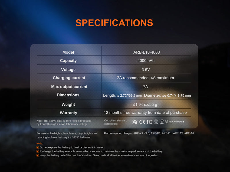 Load image into Gallery viewer, Fenix ARB-L18-4000 High-Capacity 18650 Battery - 4000mAh
