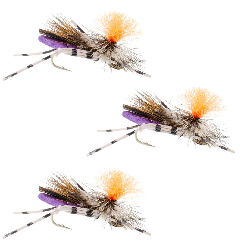 Load image into Gallery viewer, 3 Pack Feth Hopper Purple - Foam Grasshopper Fly Pattern - Hook Size 10
