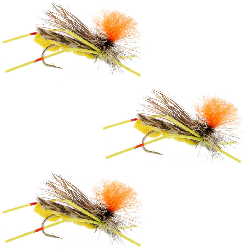 Load image into Gallery viewer, 3 Pack Feth Hopper Yellow - Foam Grasshopper Fly Pattern - Hook Size 10
