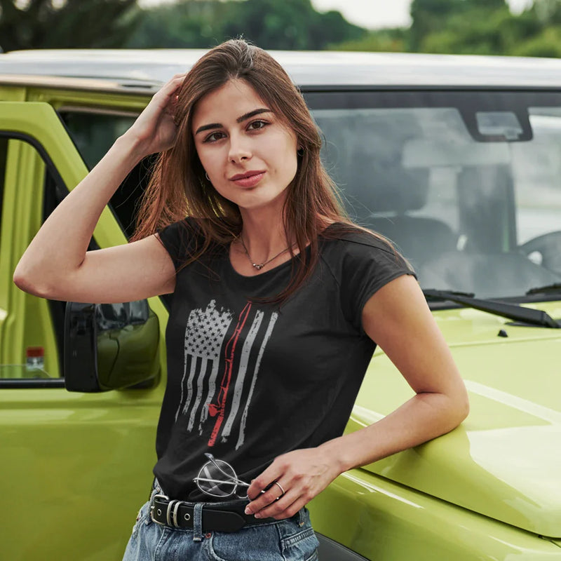Load image into Gallery viewer, Fishing Rod American Flag T-Shirt for Women
