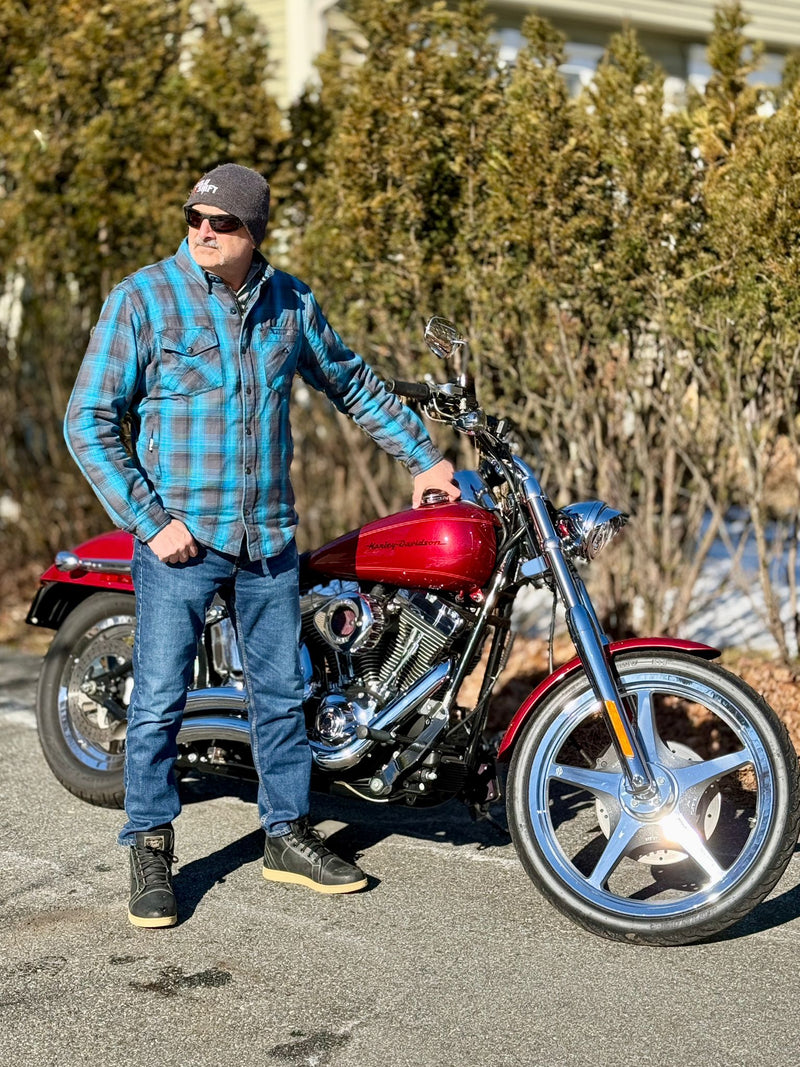 Load image into Gallery viewer, Protective Flannel Shirt For Men - Grey and Aqua Blue Plaid
