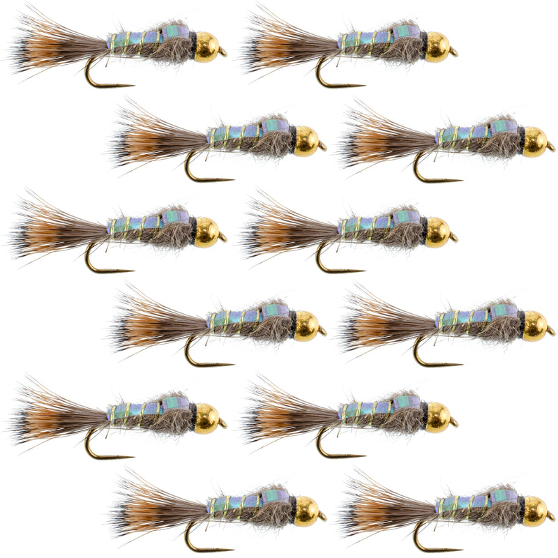 Load image into Gallery viewer, Barbless Bead Head Flash Back Gold Ribbed Hare's Ear Nymph 1 Dozen Flies Hook Size 10
