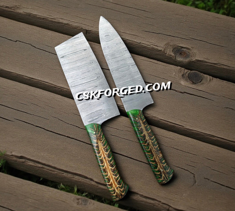 Load image into Gallery viewer, Damascus Steel Kitchen Knife Set – Handmade 5-Piece Chef Knives with Epoxy Pine-Cone Handle

