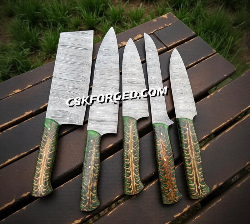 Load image into Gallery viewer, Damascus Steel Kitchen Knife Set – Handmade 5-Piece Chef Knives with Epoxy Pine-Cone Handle
