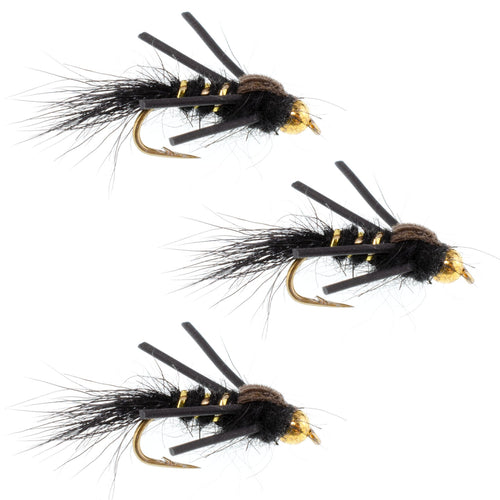 3 Pack Tungsten Bead Head Rubber Legs Black Gold-Ribbed Hare's Ear Trout Fly Nymph - Hook Size 12
