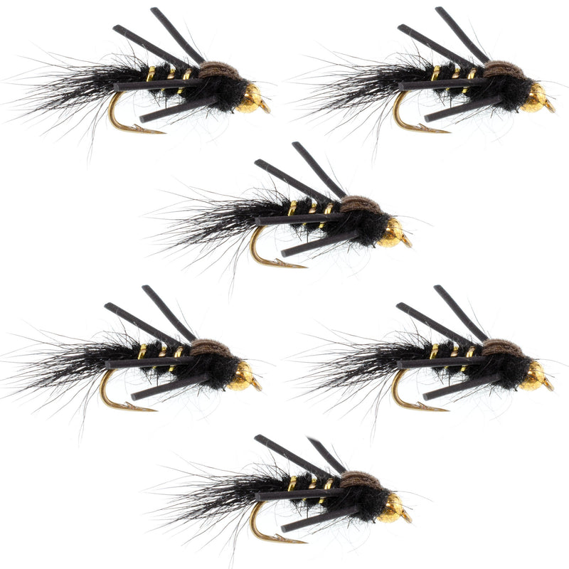 Load image into Gallery viewer, Tungsten Bead Head Rubber Legs Black Gold-Ribbed Hare's Ear Trout Fly Nymph - 6 Flies Hook Size 12

