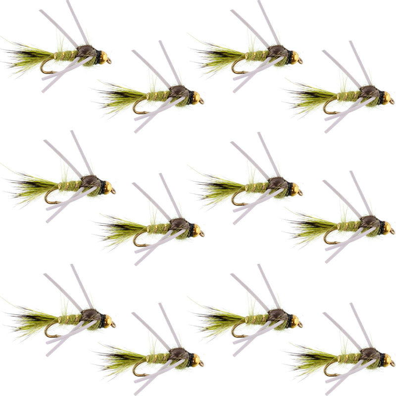 Load image into Gallery viewer, Tungsten Bead Head Rubber Legs Olive Gold-Ribbed Hare's Ear Trout Fly Nymph - 1 Dozen Flies Hook Size 12
