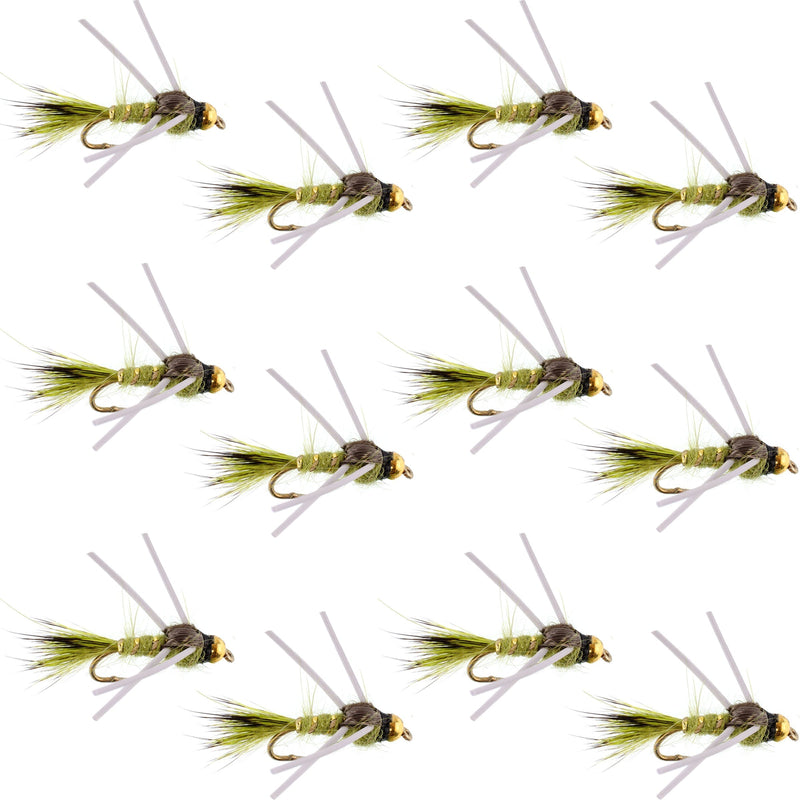 Load image into Gallery viewer, Tungsten Bead Head Rubber Legs Olive Gold-Ribbed Hare's Ear Trout Fly Nymph - 1 Dozen Flies Hook Size 16
