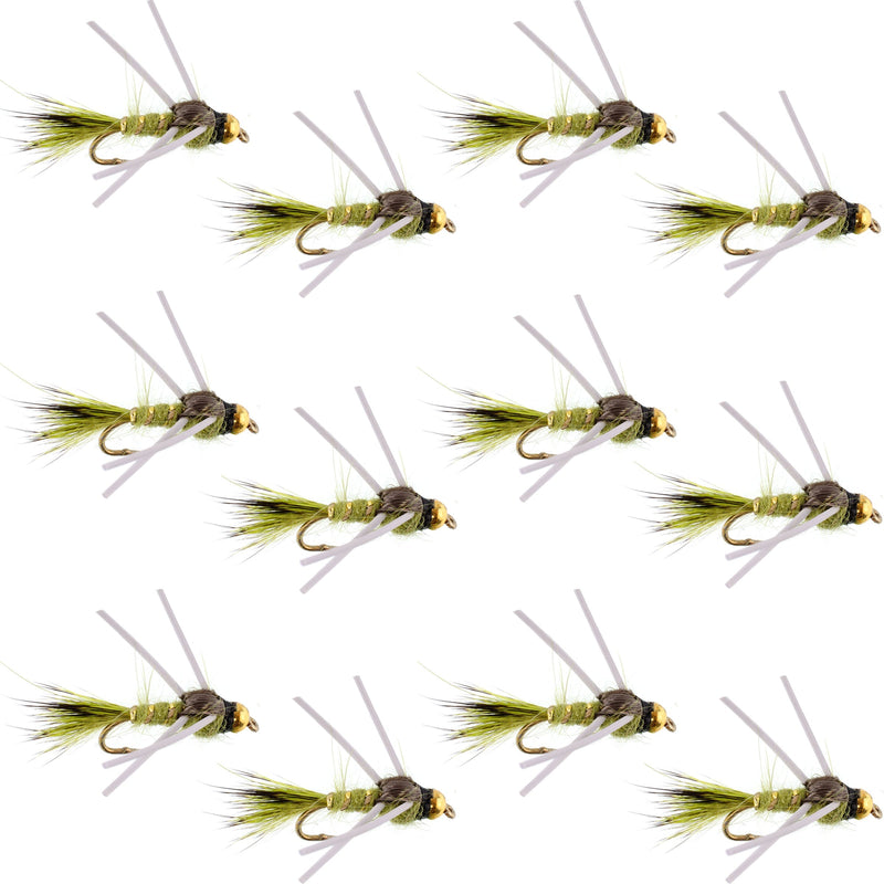 Load image into Gallery viewer, Tungsten Bead Head Rubber Legs Olive Gold-Ribbed Hare's Ear Trout Fly Nymph - 1 Dozen Flies Hook Size 14
