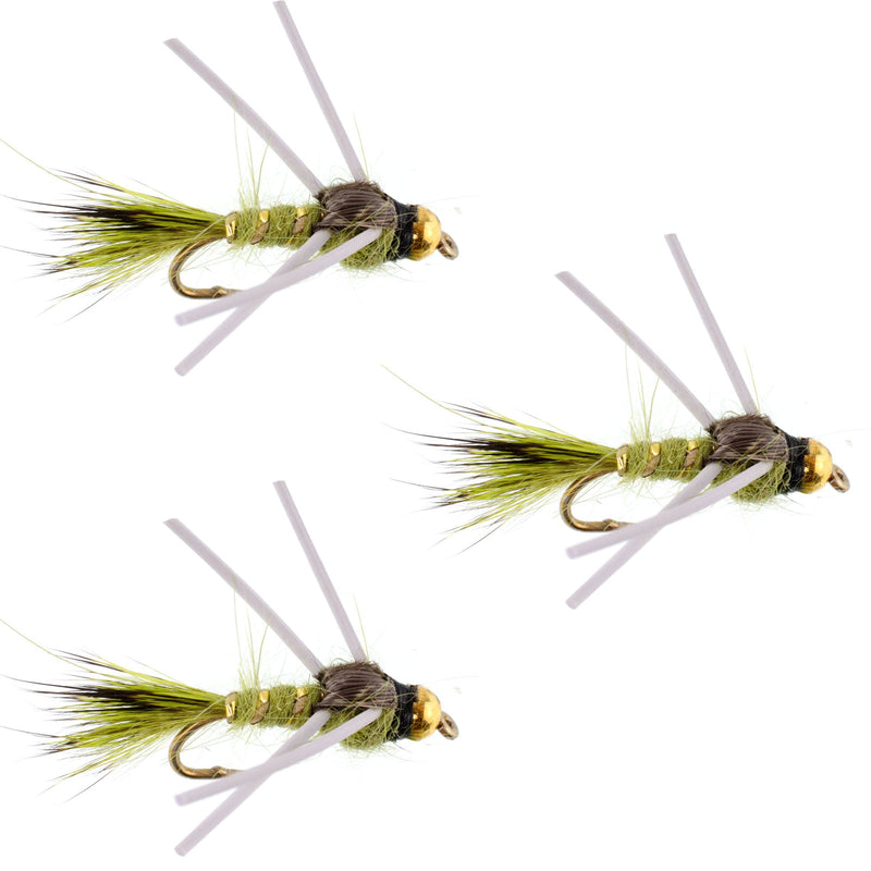 Load image into Gallery viewer, 3 Pack Tungsten Bead Head Rubber Legs Olive Gold-Ribbed Hare&#39;s Ear Trout Fly Nymph - Hook Size 16
